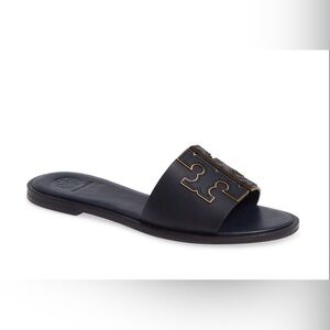 Tory Burch Ines Flat Slides Sandals Navy with Gold Accent on Medallion size 9